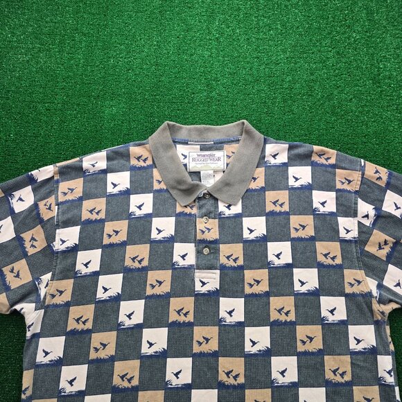 Wrangler Rugged Wear Polo Shirt XL Multicolor Checkered Birds AOP Vintage Casual - Picture 2 of 6